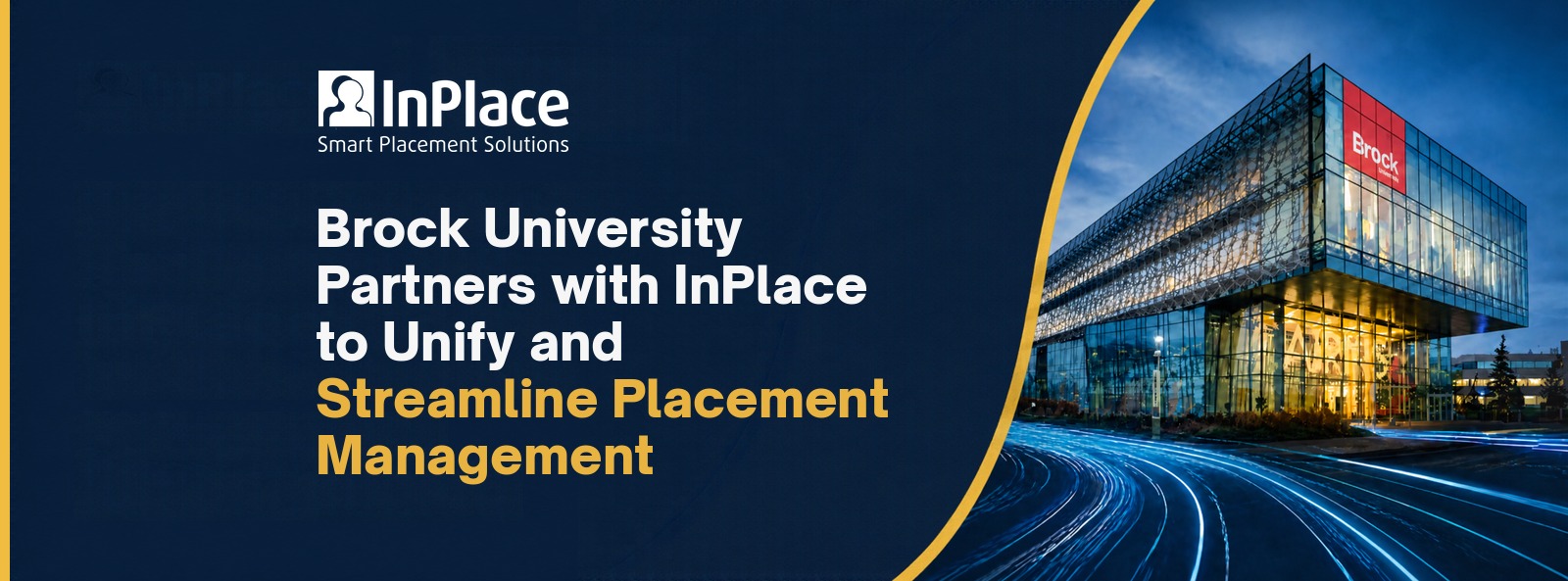 Brock university with text about a partnership with InPlace